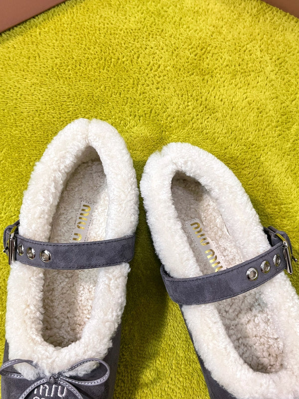 Miu Shearling Trim Mary Jane Flats Bow Detail Grey Suede 137206