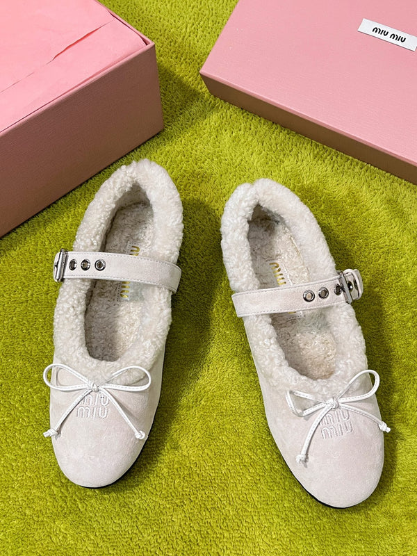 Miu Shearling Trim Mary Jane Flats Bow Detail Cream Suede 137207