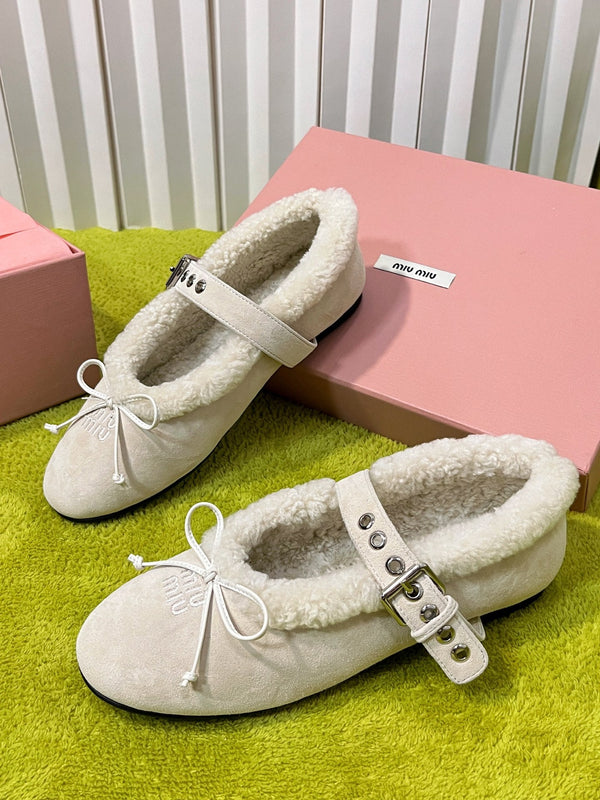 Miu Shearling Trim Mary Jane Flats Bow Detail Cream Suede 137207