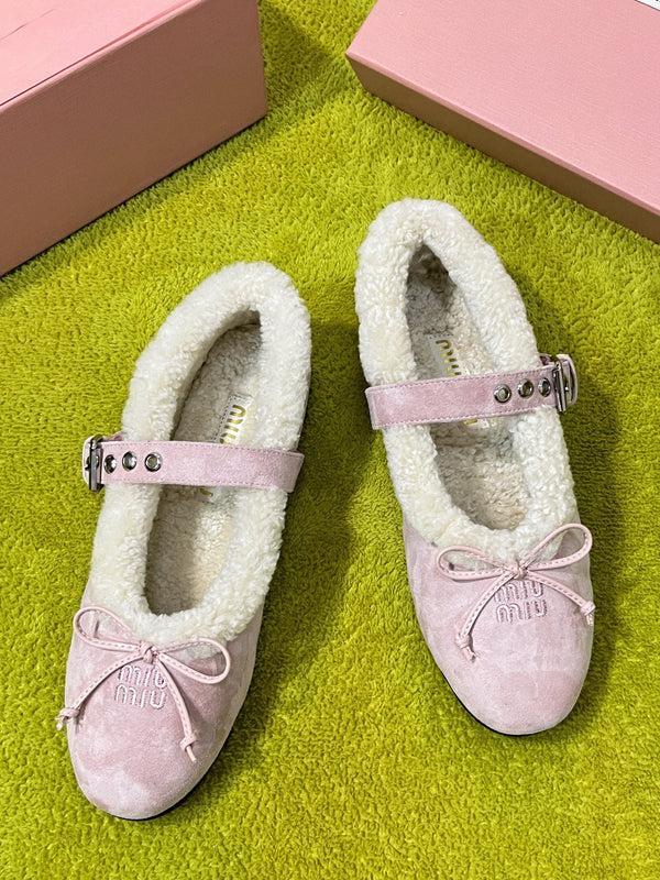 Miu Shearling Trim Mary Jane Flats Bow Detail Pink Suede 137204