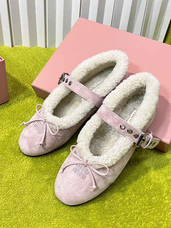 Miu Shearling Trim Mary Jane Flats Bow Detail Pink Suede 137204