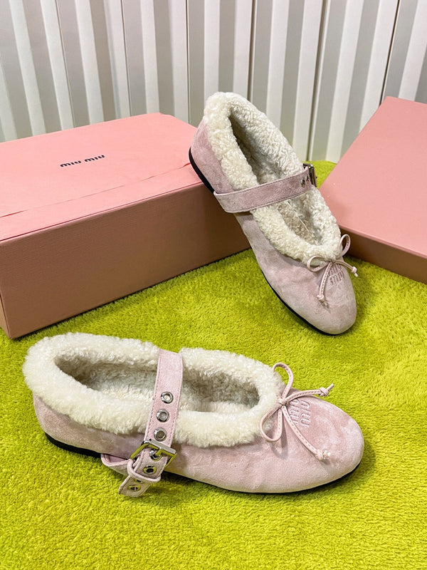 Miu Shearling Trim Mary Jane Flats Bow Detail Pink Suede 137204