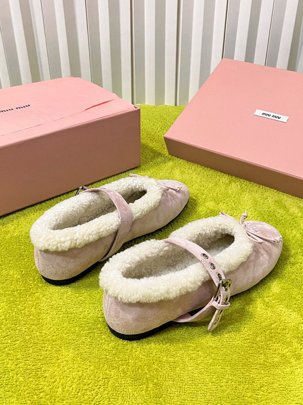 Miu Shearling Trim Mary Jane Flats Bow Detail Pink Suede 137204