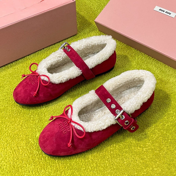 Miu Shearling Trim Mary Jane Flats Bow Detail Red Suede 137205