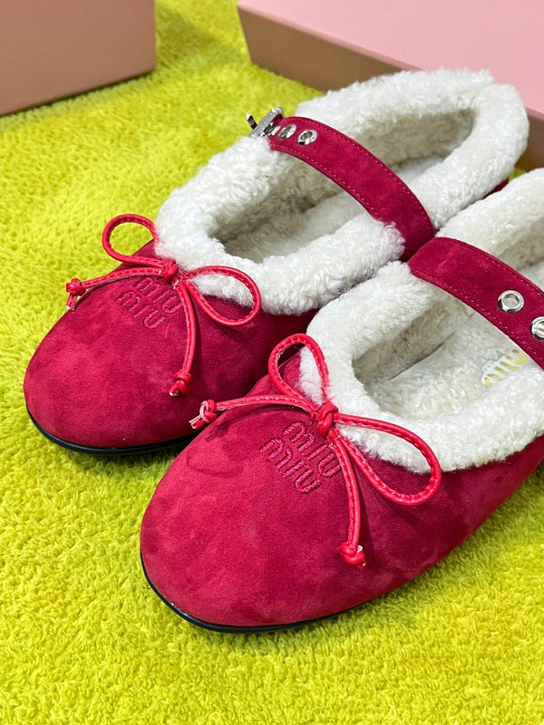 Miu Shearling Trim Mary Jane Flats Bow Detail Red Suede 137205