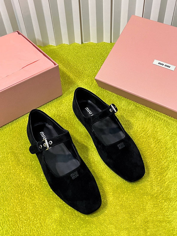 Miu 26S Mary Jane Flats Buckled Strap Logo Black Suede 137203