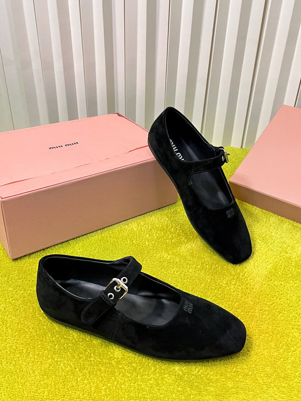 Miu 26S Mary Jane Flats Buckled Strap Logo Black Suede 137203
