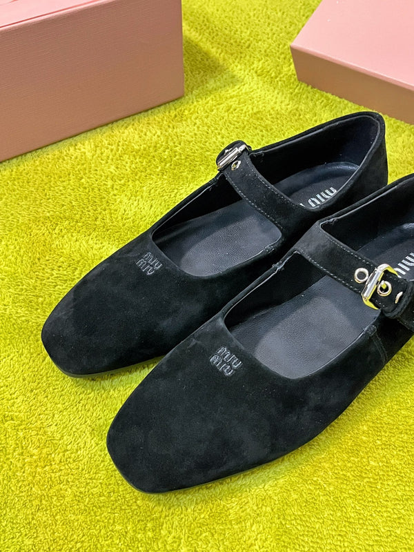 Miu 26S Mary Jane Flats Buckled Strap Logo Black Suede 137203
