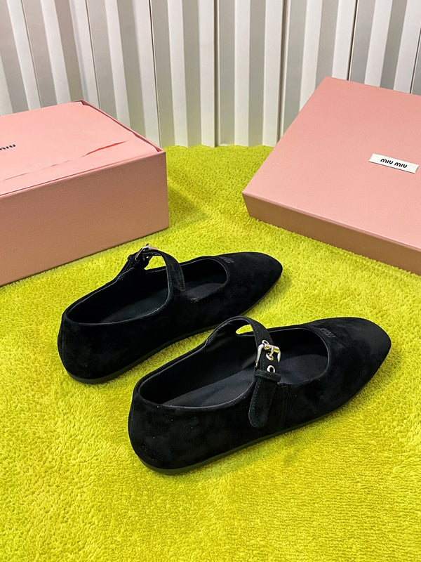 Miu 26S Mary Jane Flats Buckled Strap Logo Black Suede 137203