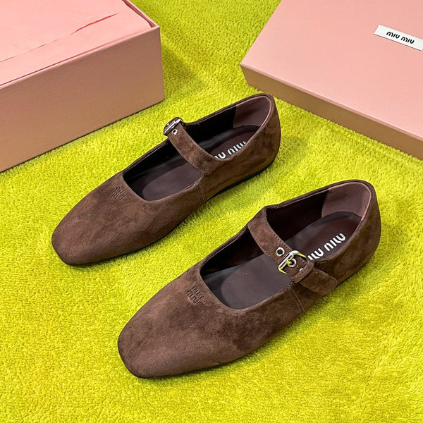 Miu 26S Mary Jane Flats Buckled Strap Logo Brown Suede 137202
