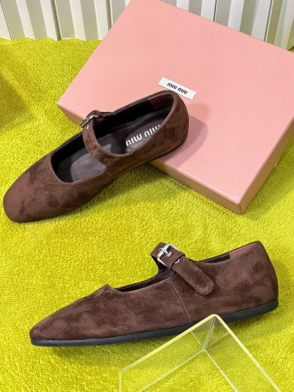 Miu 26S Mary Jane Flats Buckled Strap Logo Brown Suede 137202
