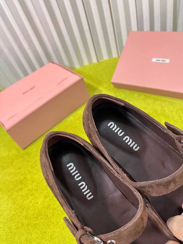 Miu 26S Mary Jane Flats Buckled Strap Logo Brown Suede 137202