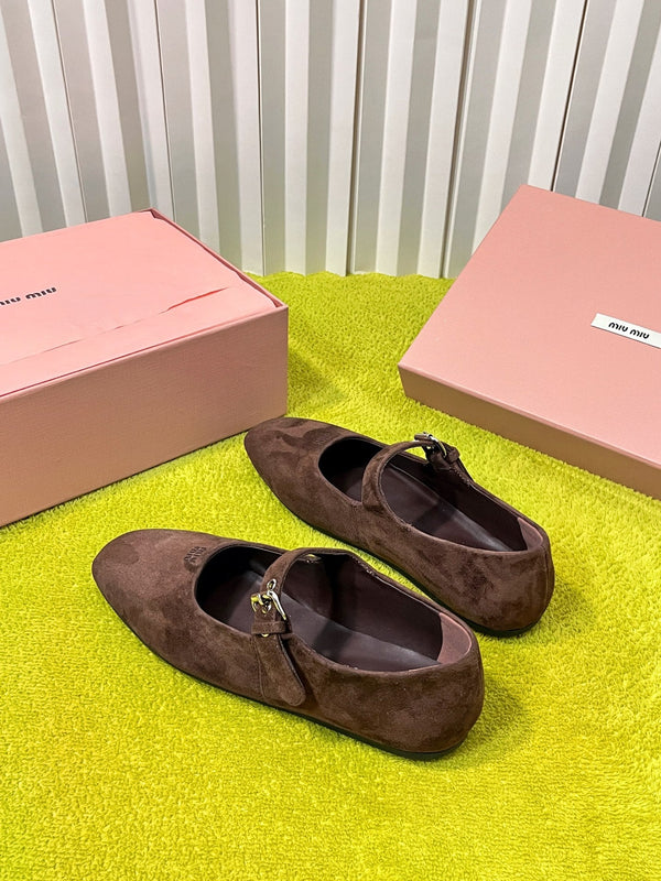 Miu 26S Mary Jane Flats Buckled Strap Logo Brown Suede 137202
