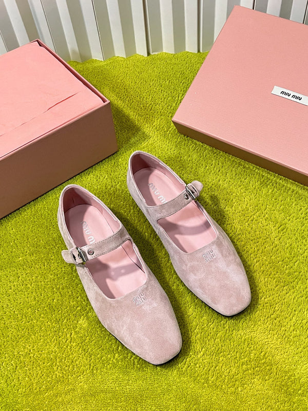 Miu 26S Mary Jane Flats Buckled Strap Logo Pink Suede 137200