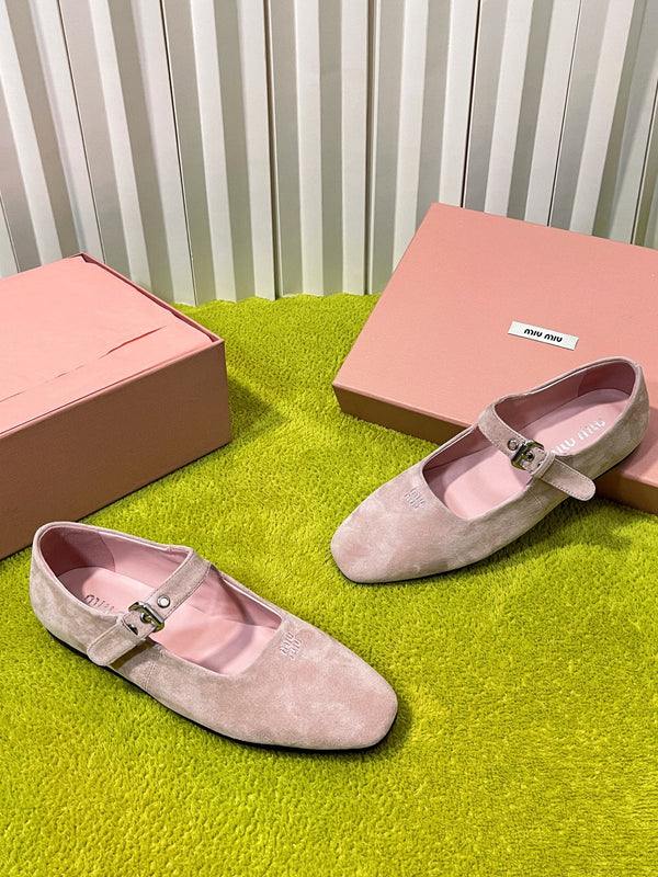 Miu 26S Mary Jane Flats Buckled Strap Logo Pink Suede 137200