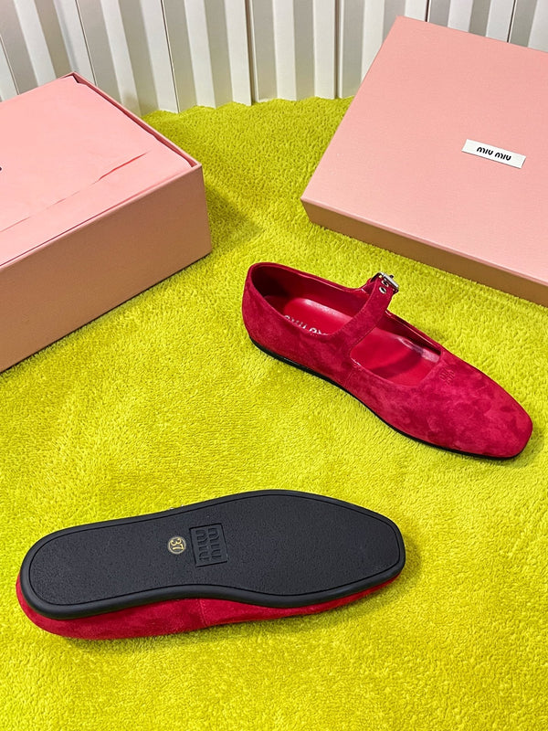 Miu 26S Mary Jane Flats Buckled Strap Logo Red Suede 137198
