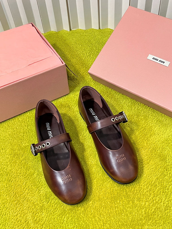 Miu 26S Mary Jane Ballerina Flats Buckle Brown Cowhide 137197