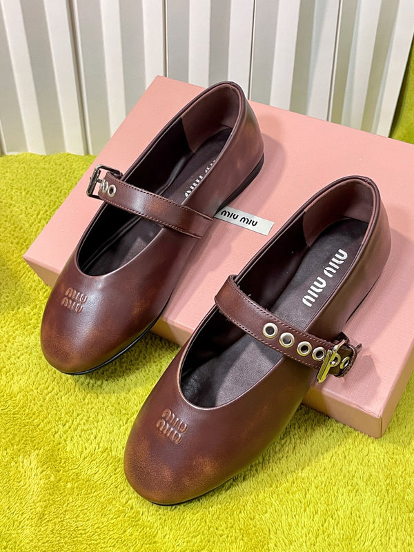 Miu 26S Mary Jane Ballerina Flats Buckle Brown Cowhide 137197