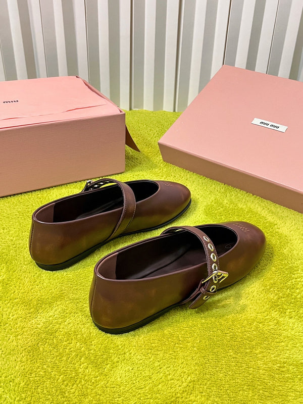 Miu 26S Mary Jane Ballerina Flats Buckle Brown Cowhide 137197