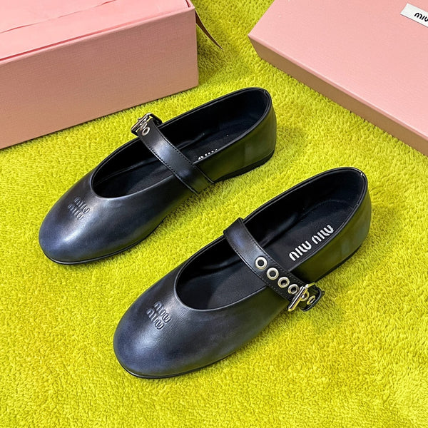 Miu 26S Mary Jane Ballerina Flats Buckle Black Blue Cowhide 137195