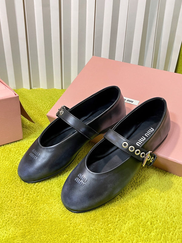 Miu 26S Mary Jane Ballerina Flats Buckle Black Blue Cowhide 137195