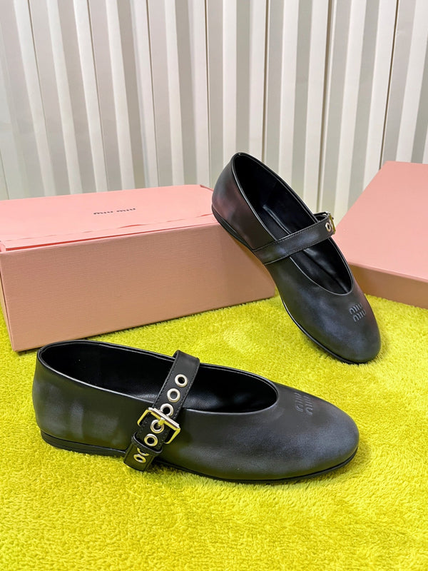 Miu 26S Mary Jane Ballerina Flats Buckle Black Blue Cowhide 137195