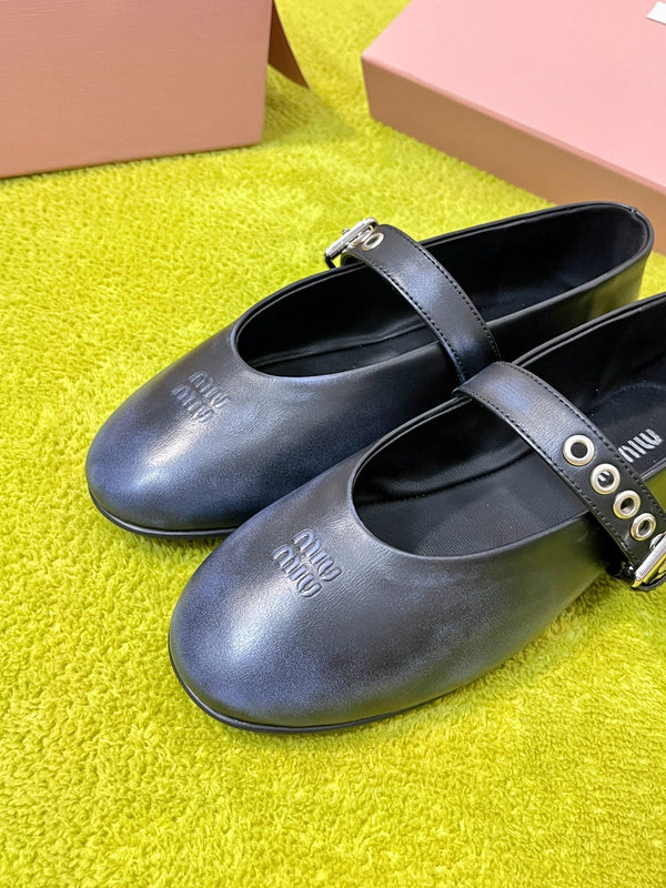 Miu 26S Mary Jane Ballerina Flats Buckle Black Blue Cowhide 137195
