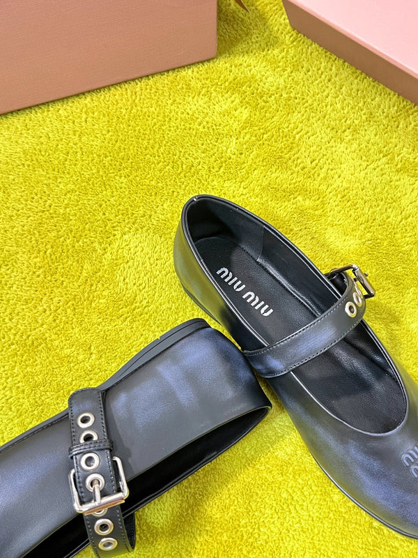 Miu 26S Mary Jane Ballerina Flats Buckle Black Blue Cowhide 137195