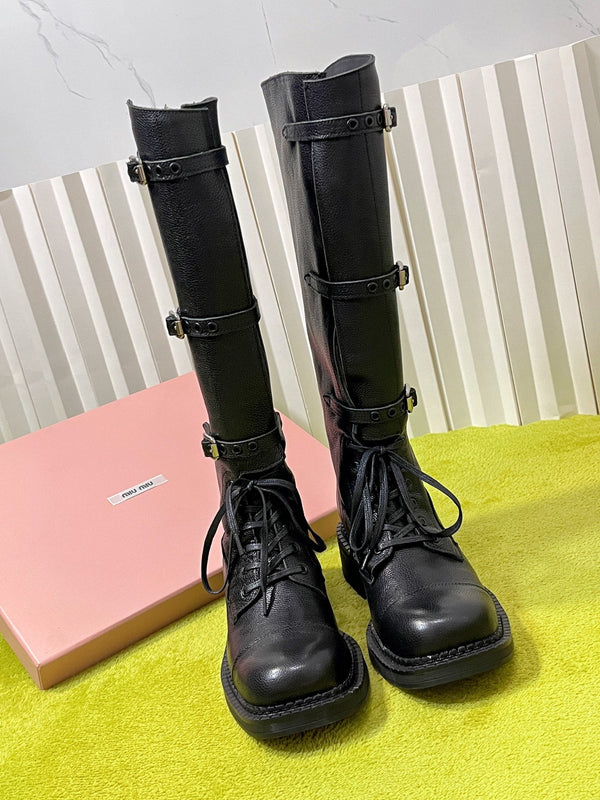 Miu 26S Knee-High Lace-Up Boots 4CM Triple Buckle Black Pebbled Leather 137190