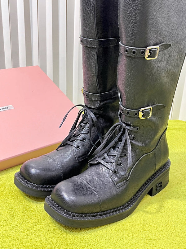 Miu 26S Knee-High Lace-Up Boots 4CM Triple Buckle Black Pebbled Leather 137190