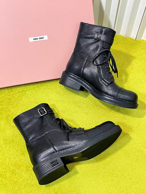 Miu 26S Mid-Calf Lace-Up Boots 4CM Triple Buckle Black Pebbled Leather 137188