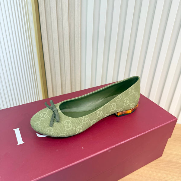 GG 26S Horsebit Ballet Flats Bow Detail Olive Green GG Canvas 141308