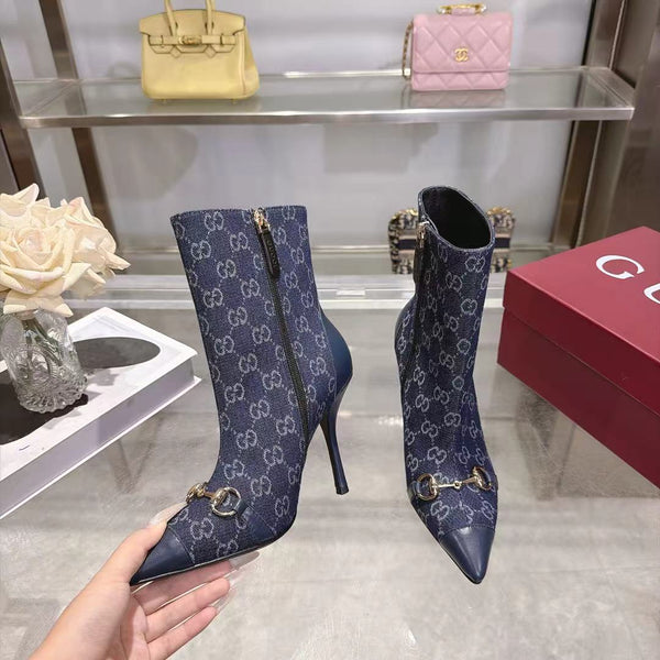 GG 26S Ankle Boots 10.5cm Horsebit Canvas Sand Dark Blue Leather Toe Cap 141300