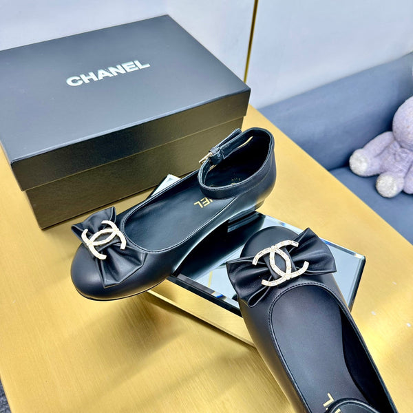 CC 26S Mary Jane Flats Bow Logo Charm Black Leather 140313
