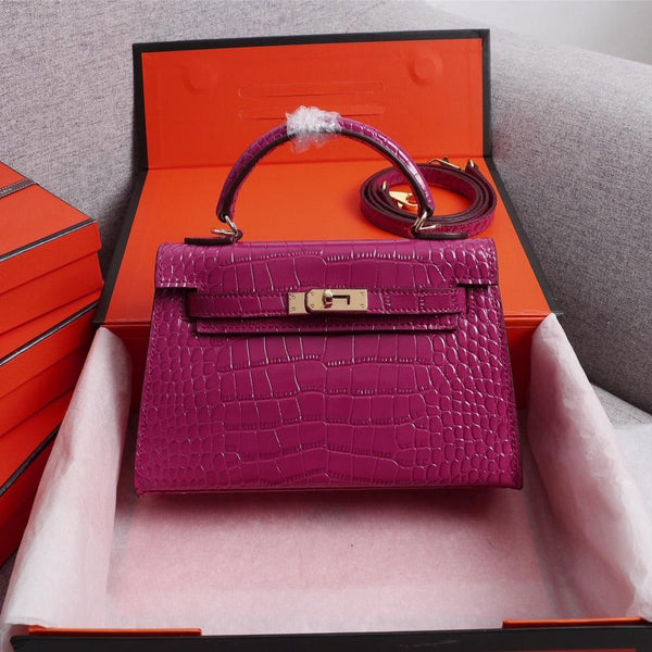 HM KELLY MINI 22 BARBIE PINK CROCODILE EMBOSSED CALFSKIN GOLD HARDWARE