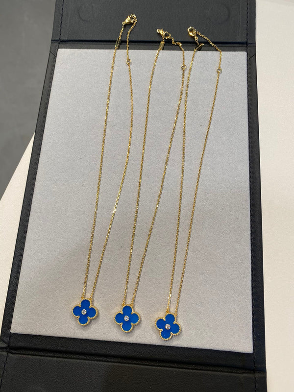 VCA Clover Vintage Agate Blue 1 Diamond Necklace Gold