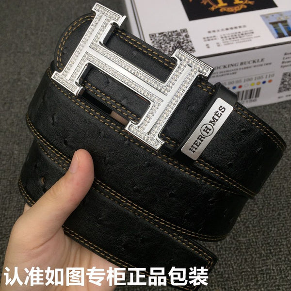 HM Belt 38mm Black Cowhide Leather Sliver Diamond Buckle 619512