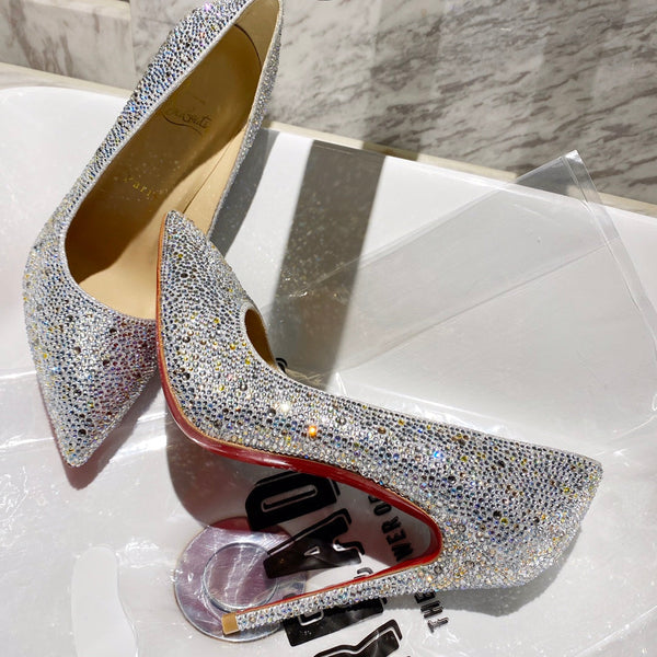 CL Kate Strass Degrade Pumps 100mm Suede Silver