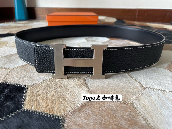 HM CONSTANCE BELT BUCKLE & REVERSIBLE BLACK LEATHER STRAP 38MM SILVER HARDWARE