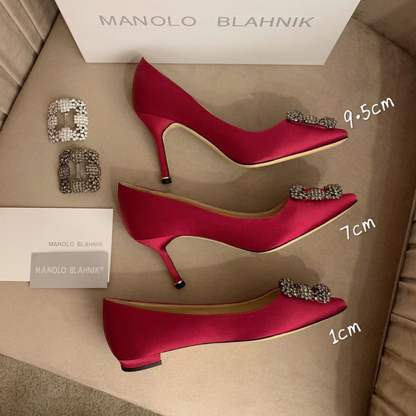 Hangisi Dark Red Satin Crystal Embellished Pumps 700530