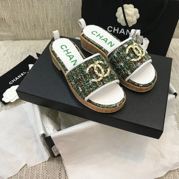 CC 26s Wooden Slippers White Green Tweed Lambskin 916904