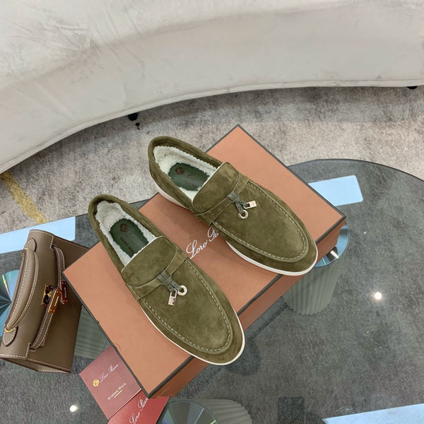 LP 26s Open Walk Loafers 2cm Olive Green Suede Shearling SHW 110783