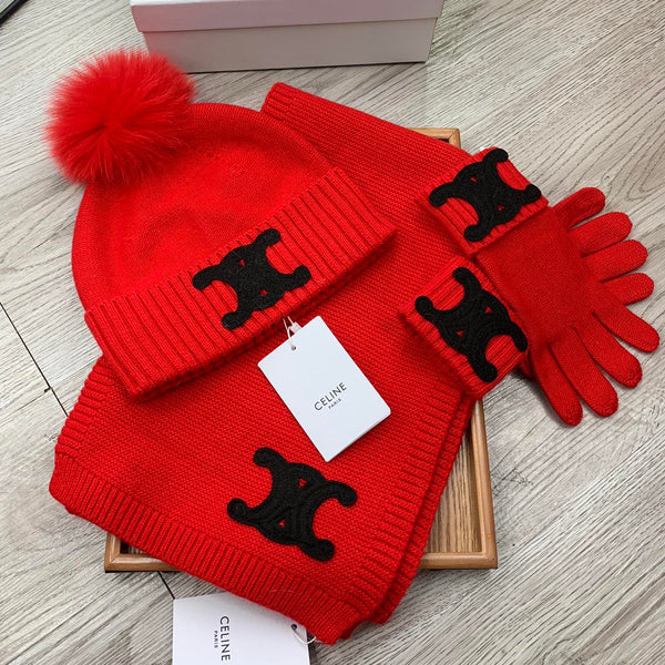 CE Hat Scarf Gloves Set Red Knit Fur 475093