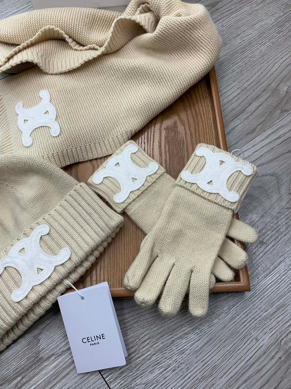 CE Hat Scarf Gloves Set Light Beige Knit Fur 475091