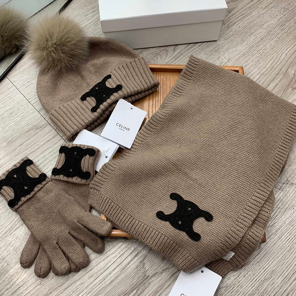 CE Hat Scarf Gloves Set Khaki Knit Fur 475088