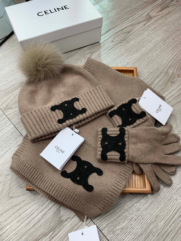 CE Hat Scarf Gloves Set Khaki Knit Fur 475088