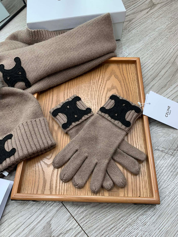 CE Hat Scarf Gloves Set Khaki Knit Fur 475088