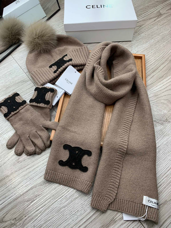 CE Hat Scarf Gloves Set Khaki Knit Fur 475088