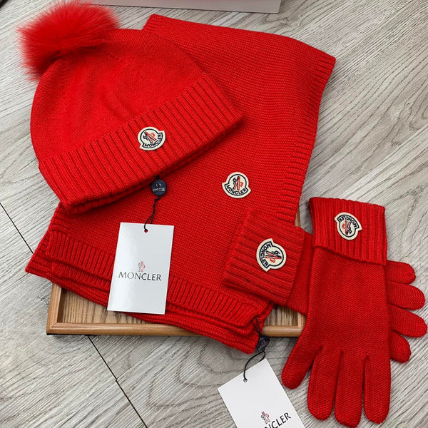Moncler Hat Scarf Gloves Set Red Knit Fur 475094