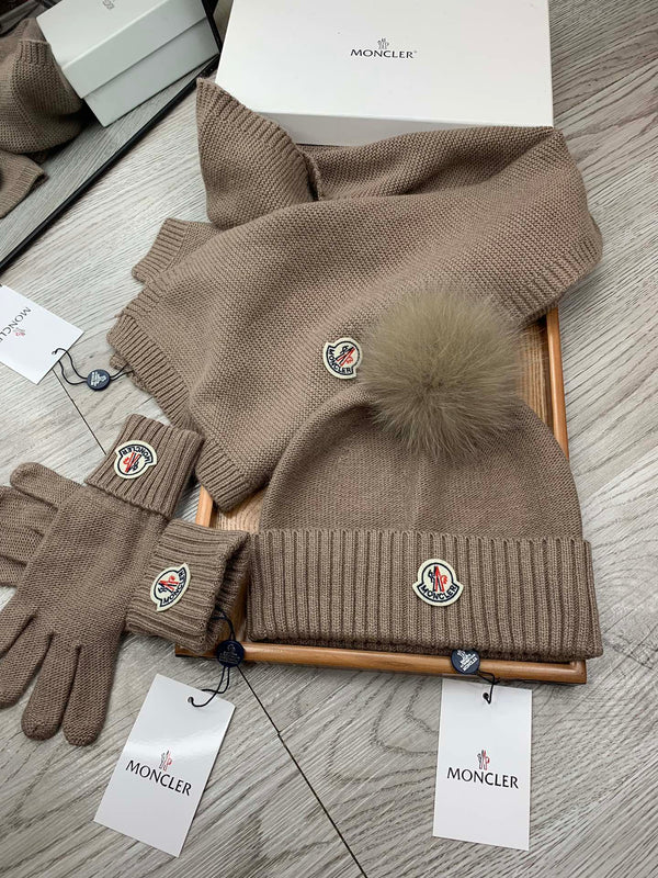 Moncler Hat Scarf Gloves Set Brown Knit Fur 475097